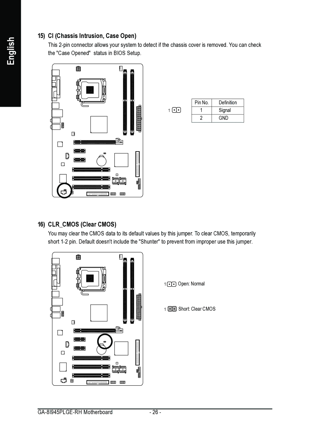 Gigabyte GA-8I945PLGE-RH user manual CI Chassis Intrusion, Case Open, Clrcmos Clear Cmos 