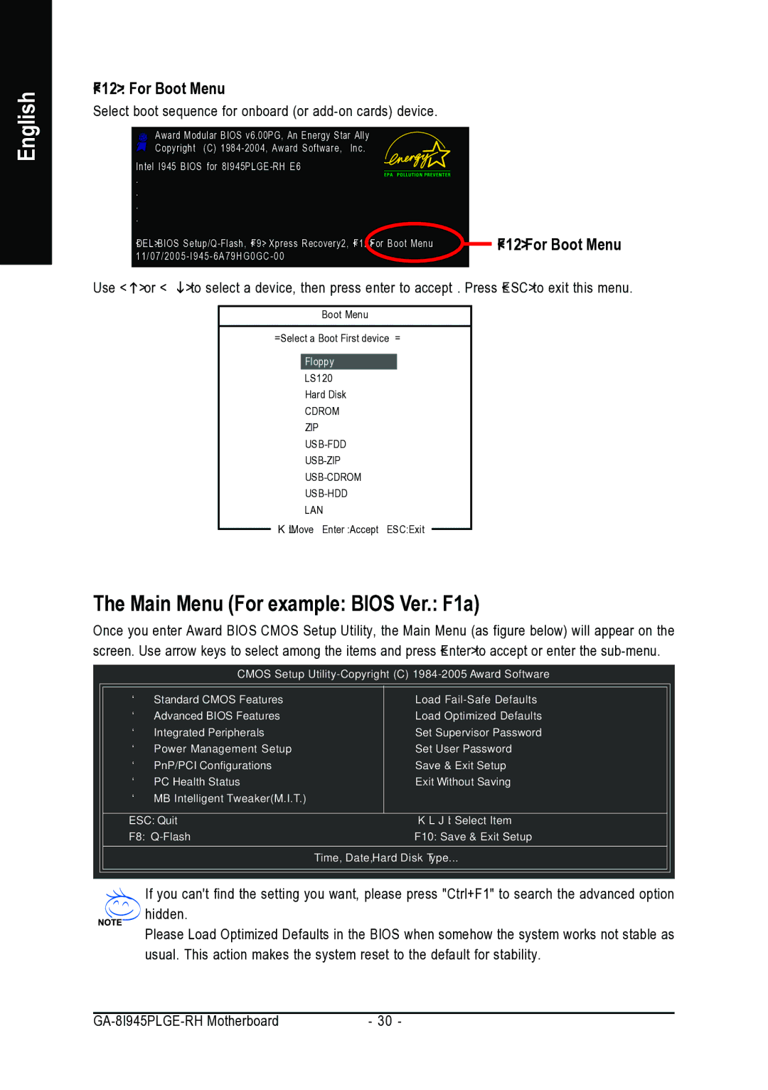 Gigabyte GA-8I945PLGE-RH user manual Main Menu For example Bios Ver. F1a, F12 For Boot Menu 