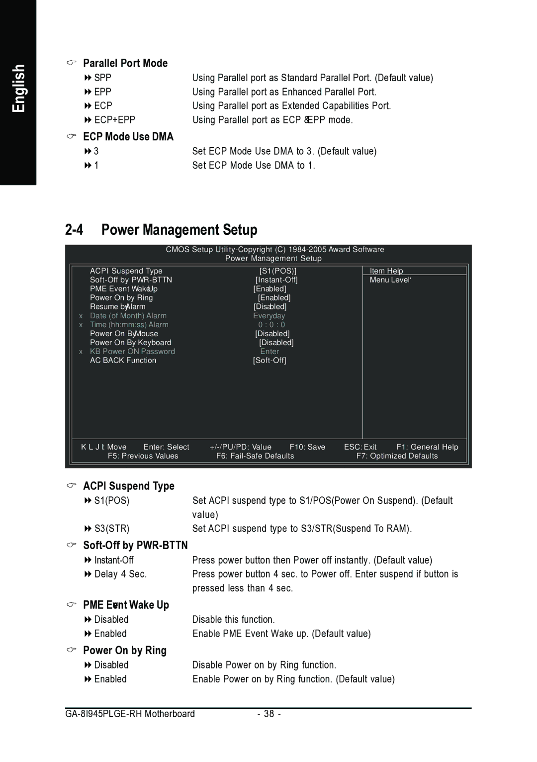 Gigabyte GA-8I945PLGE-RH user manual Power Management Setup, Parallel Port Mode, ECP Mode Use DMA 