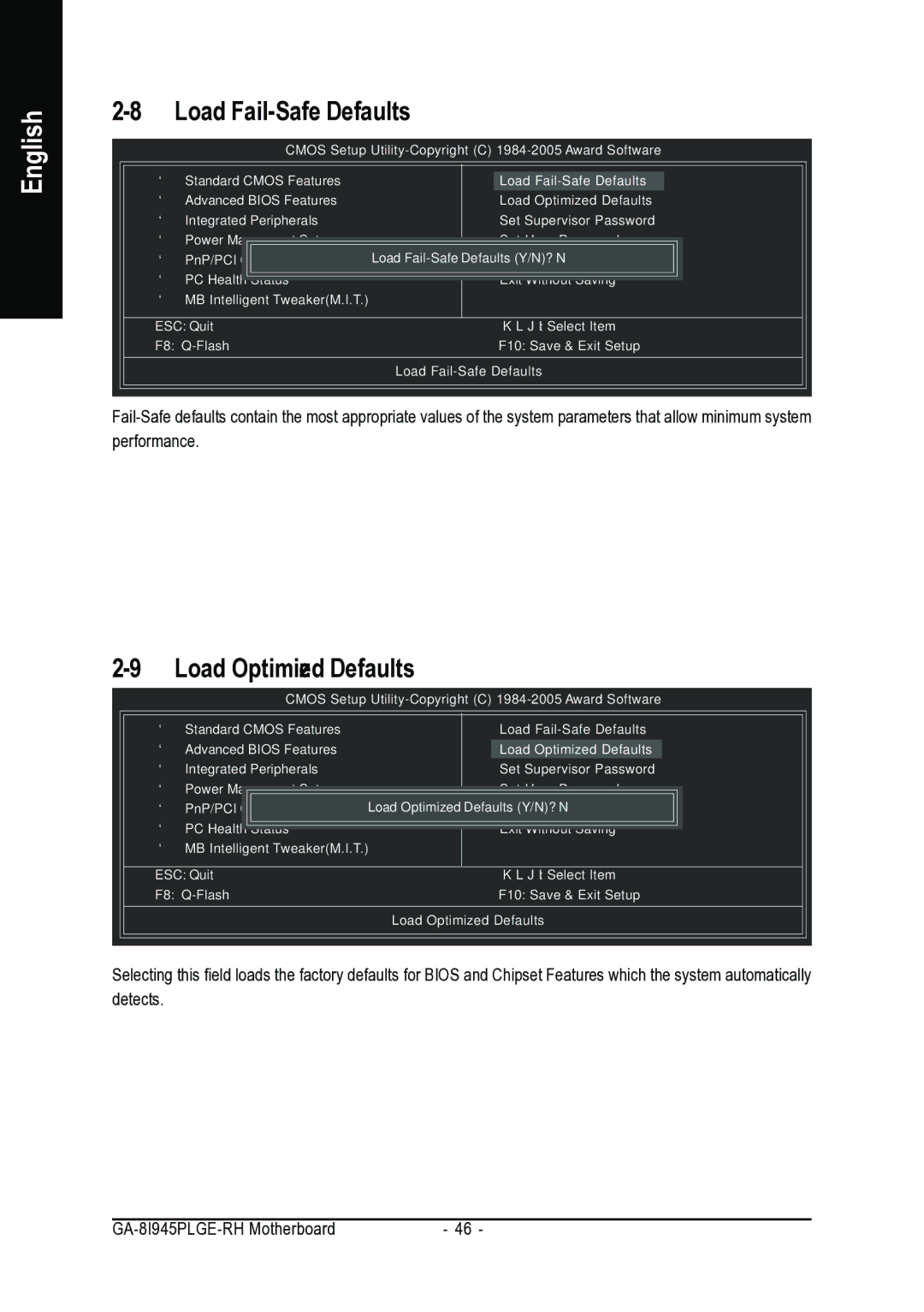 Gigabyte GA-8I945PLGE-RH user manual Load Fail-Safe Defaults, Load Optimized Defaults 