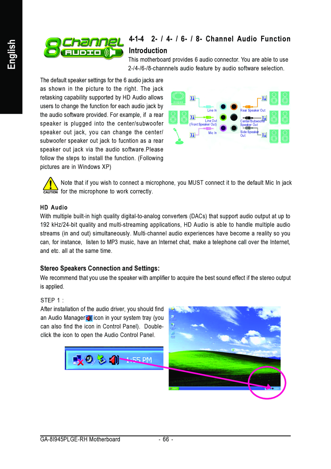 Gigabyte GA-8I945PLGE-RH 4 2- / 4- / 6- / 8- Channel Audio Function Introduction, Stereo Speakers Connection and Settings 