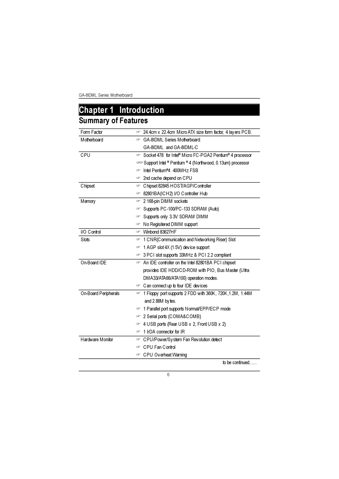 Gigabyte GA-8IDML manual Introduction, Summary of Features 