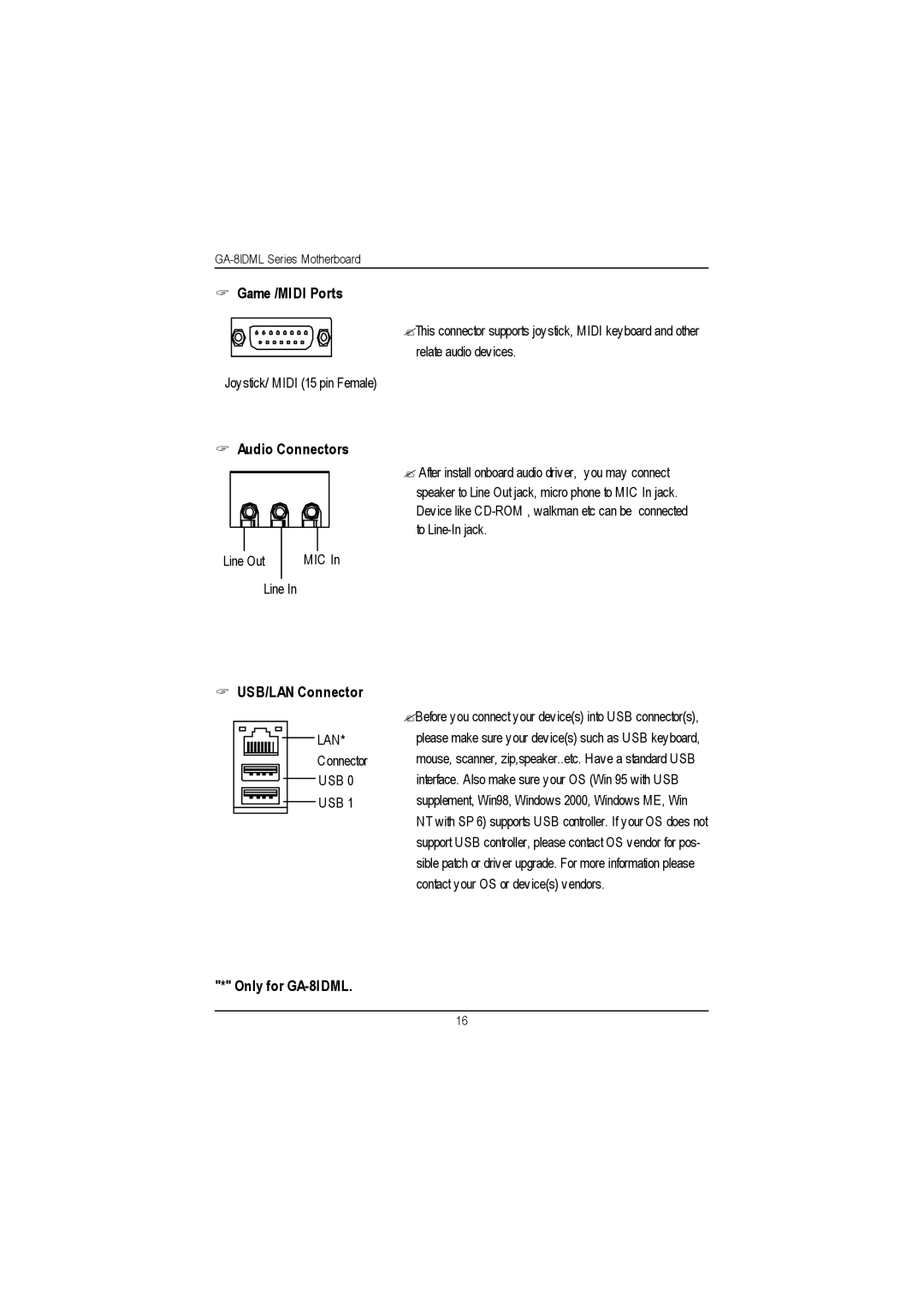 Gigabyte GA-8IDML manual ? Game /MIDI Ports, ? Audio Connectors, ? USB/LAN Connector 