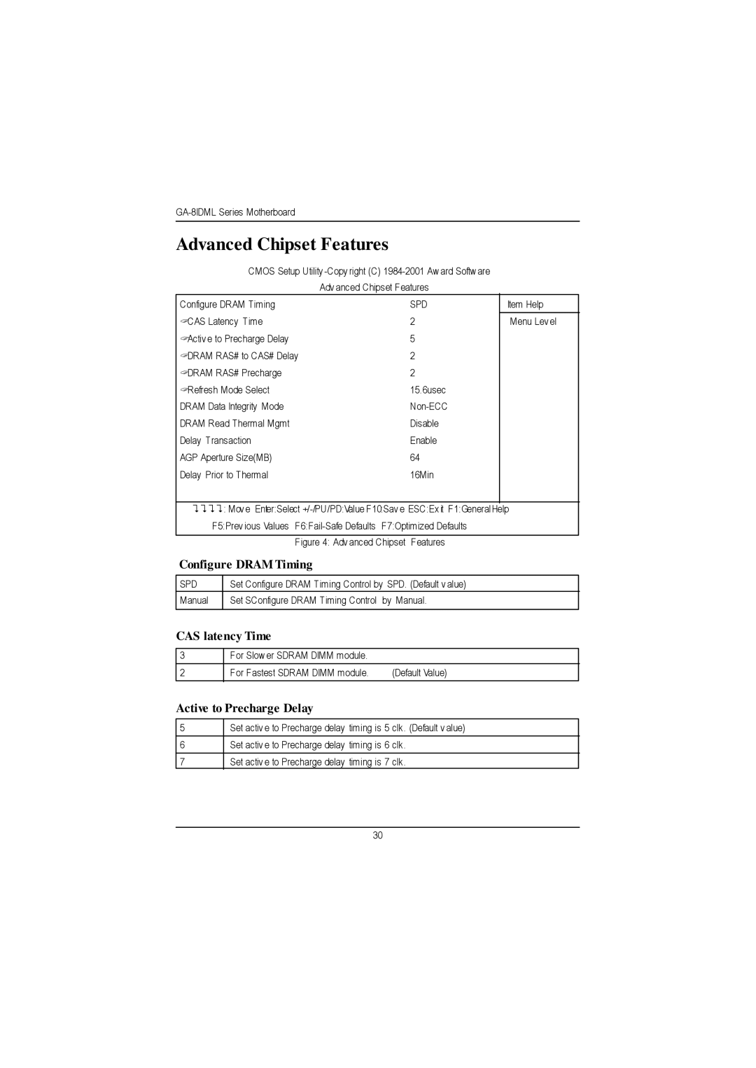 Gigabyte GA-8IDML manual Advanced Chipset Features, Configure Dram Timing, CAS latency Time, Active to Precharge Delay, Spd 