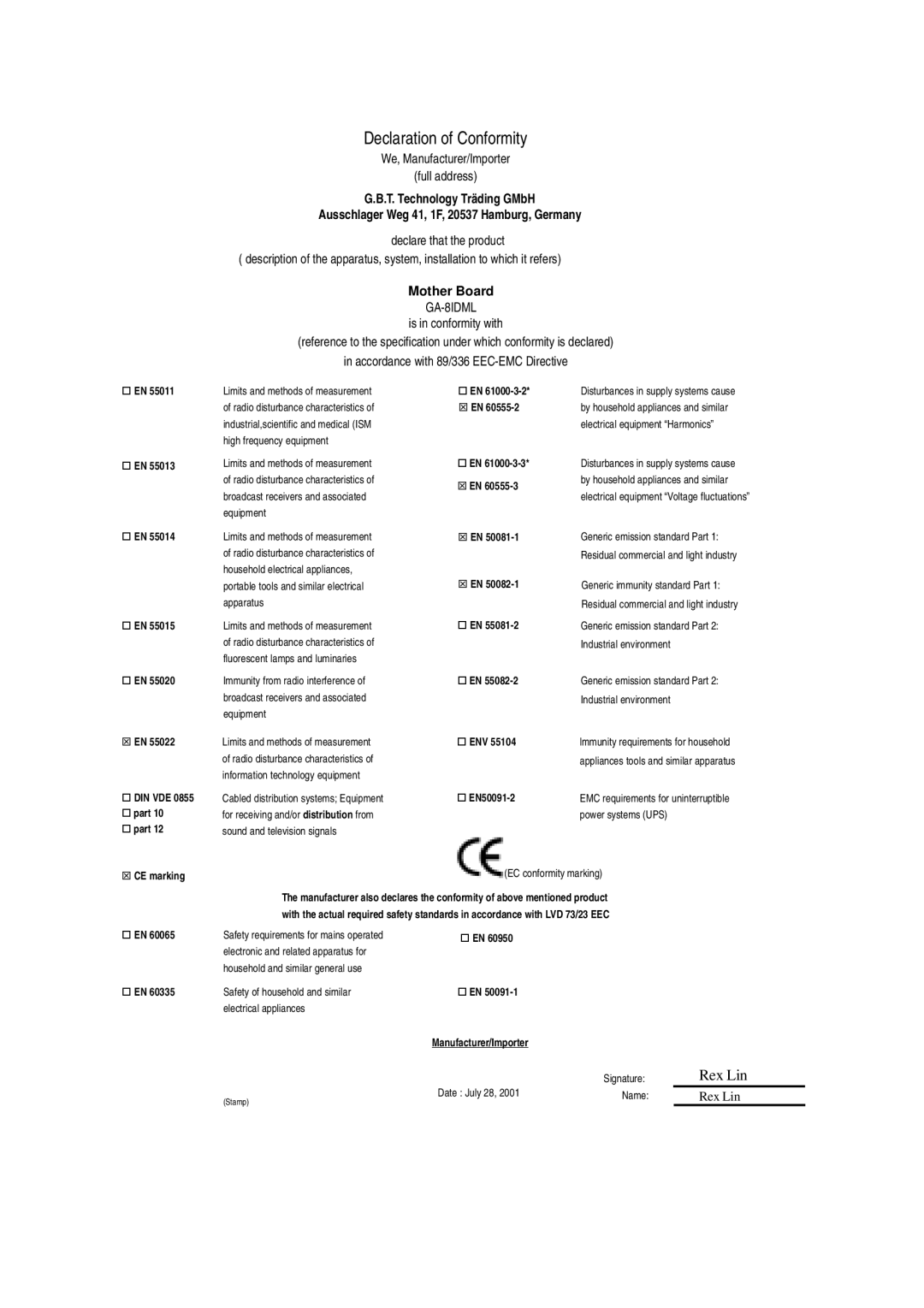 Gigabyte GA-8IDML manual Declaration of Conformity 