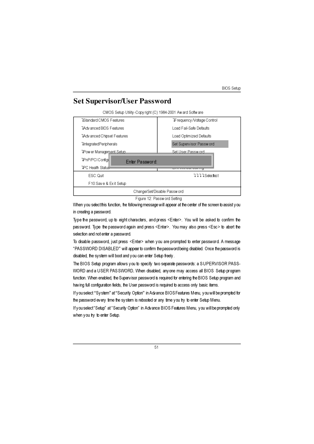 Gigabyte GA-8IDML manual Set Supervisor/User Password, Enter Password 