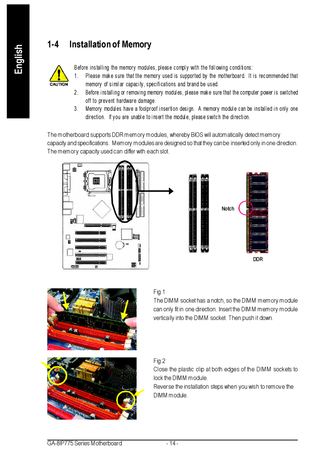 Gigabyte GA-8IP775 Series user manual Installation of Memory, Ddr 