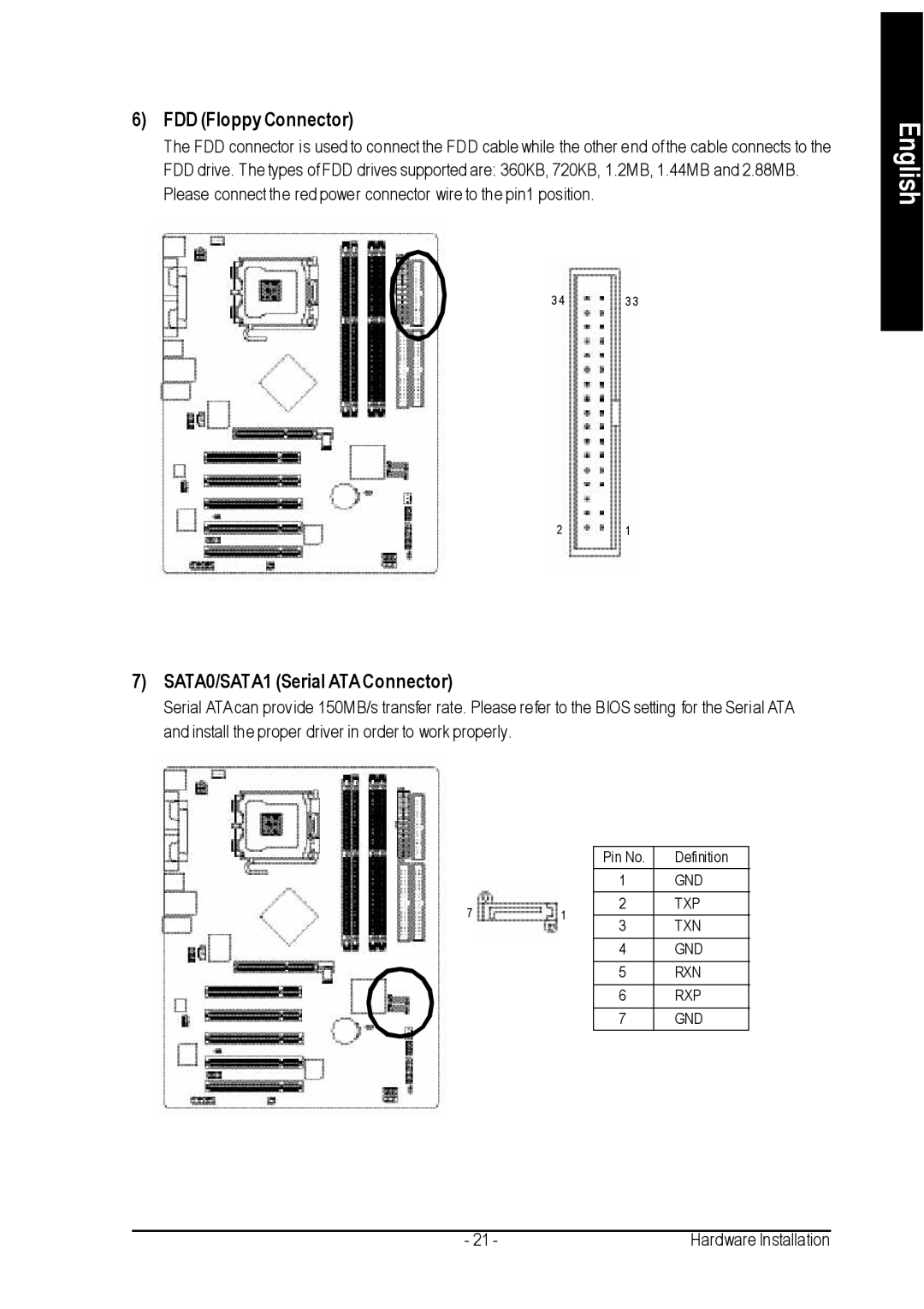 Gigabyte GA-8IP775 Series user manual FDD Floppy Connector, SATA0/SATA1 Serial ATA Connector 