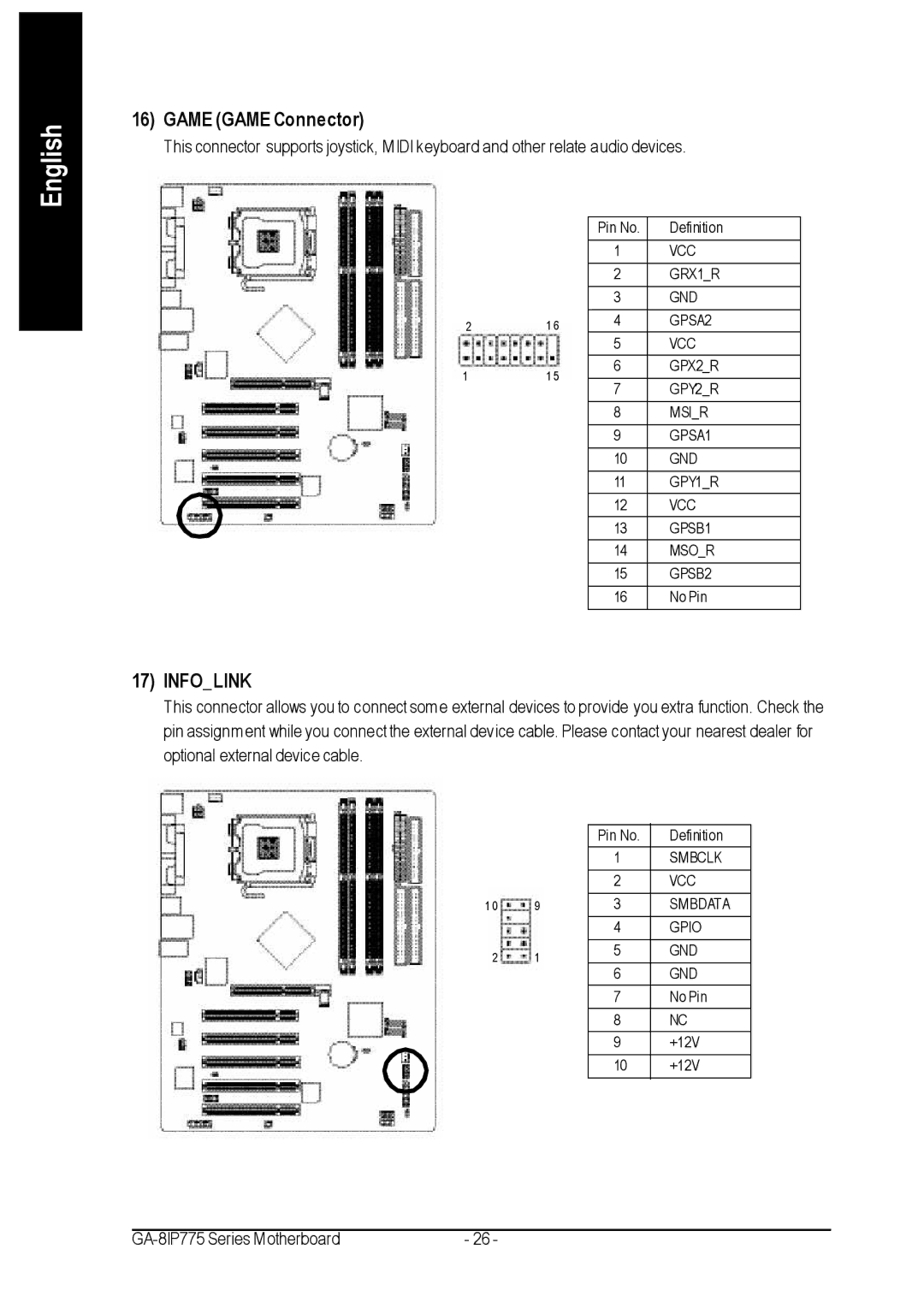 Gigabyte GA-8IP775 Series user manual Game Game Connector, Infolink 