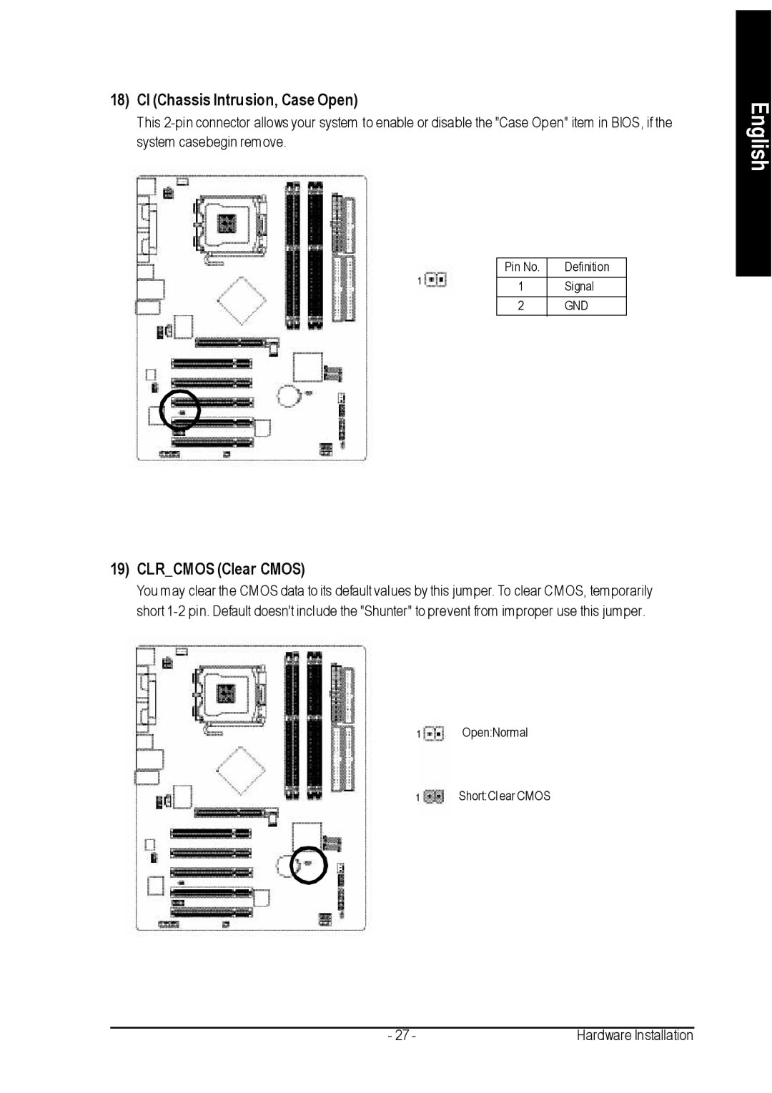 Gigabyte GA-8IP775 Series user manual CI Chassis Intrusion, Case Open, Clrcmos Clear Cmos 