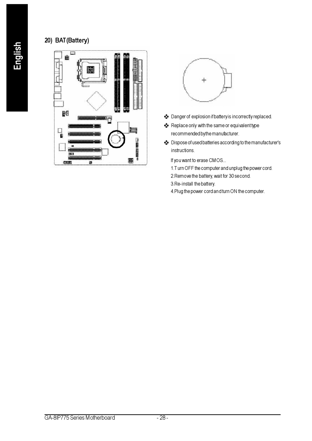 Gigabyte GA-8IP775 Series user manual BATBattery 