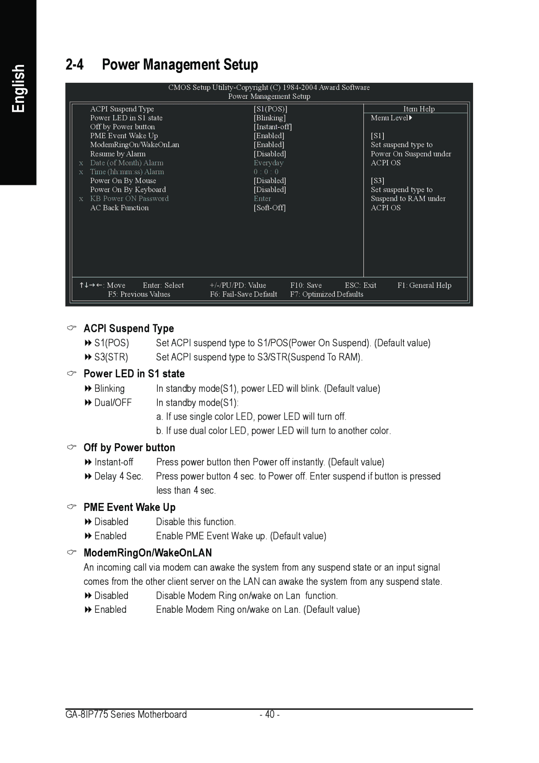 Gigabyte GA-8IP775 Series user manual Power Management Setup, ModemRingOn/WakeOnLAN 