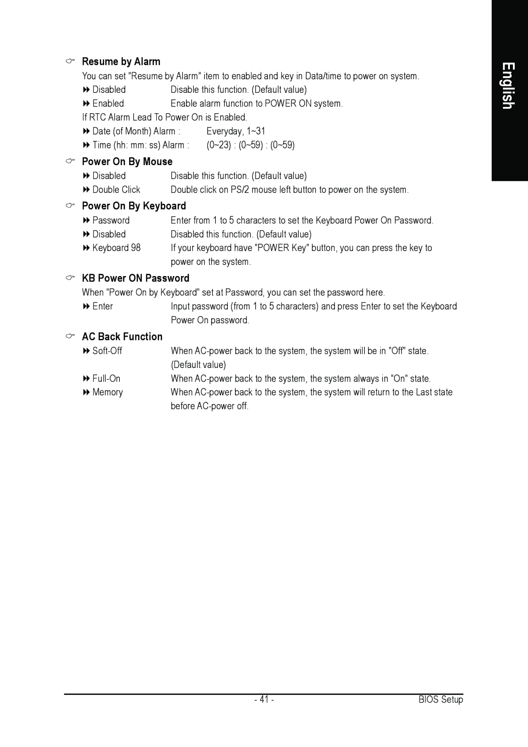 Gigabyte GA-8IP775 Series Resume by Alarm, Power On By Mouse, Power On By Keyboard, KB Power on Password, AC Back Function 