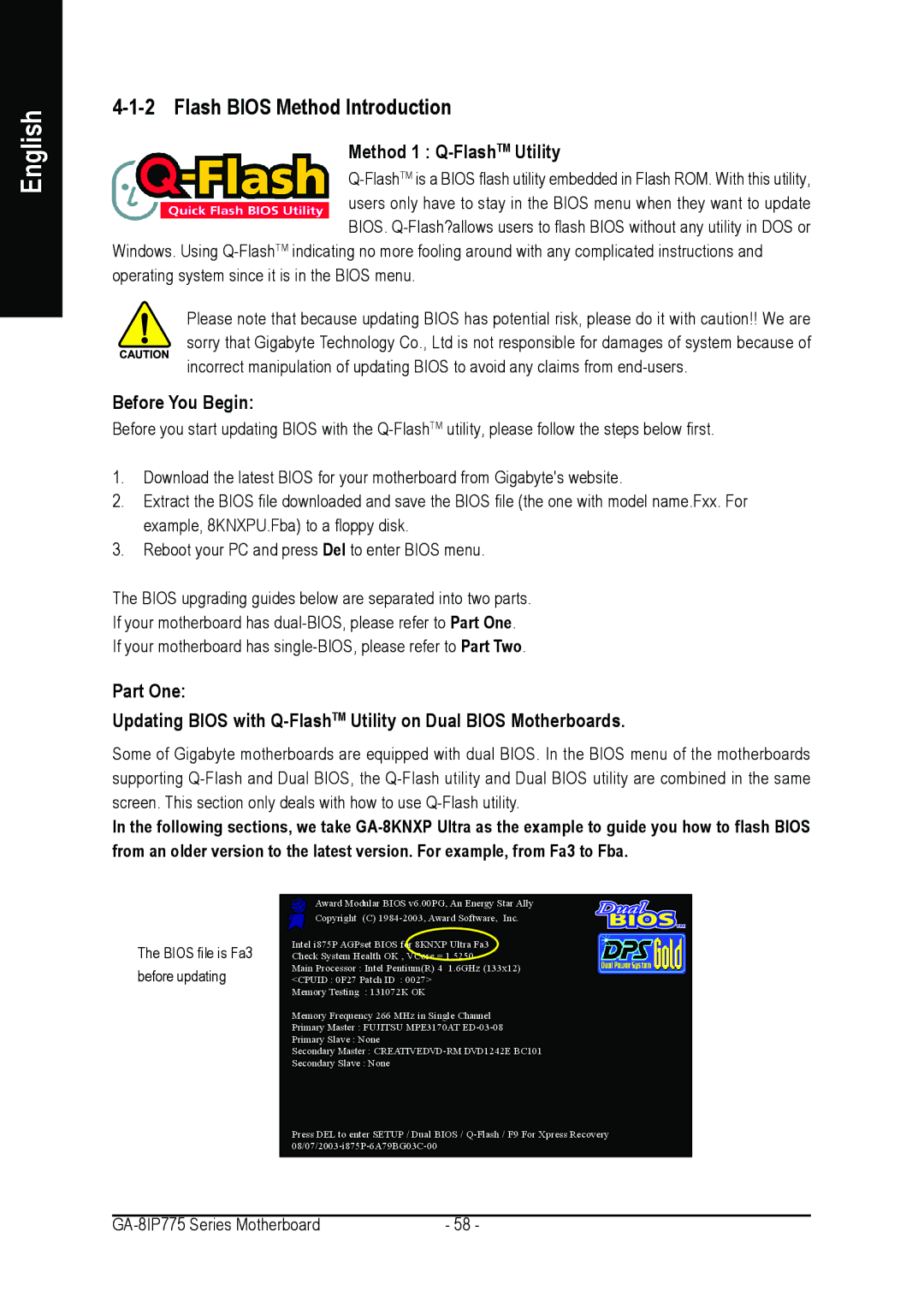 Gigabyte GA-8IP775 Series user manual Flash Bios Method Introduction, Method 1 Q-FlashTMUtility, Before You Begin 