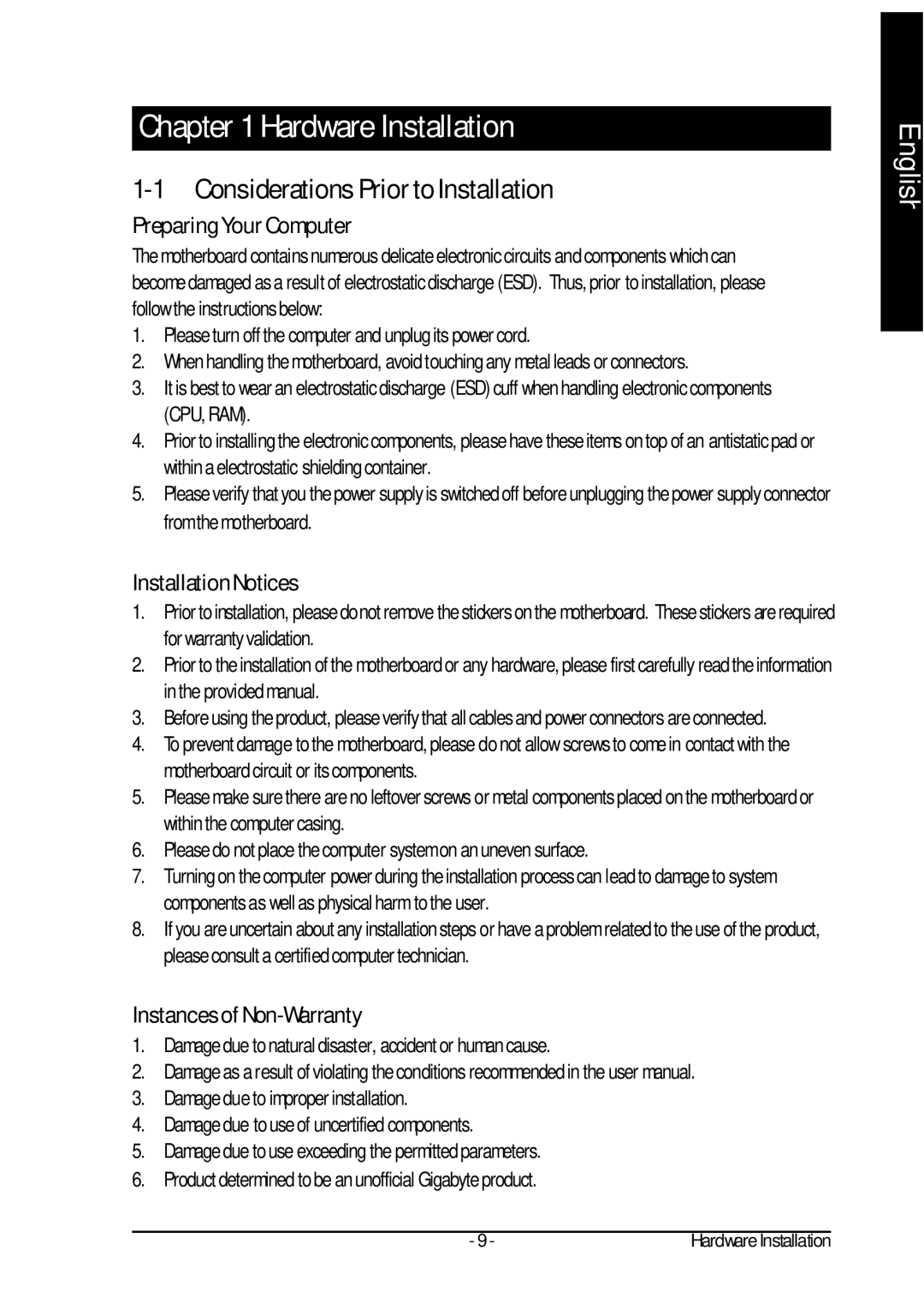 Gigabyte GA-8IP775 Series user manual Considerations Prior to Installation, Preparing Your Computer, Installation Notices 