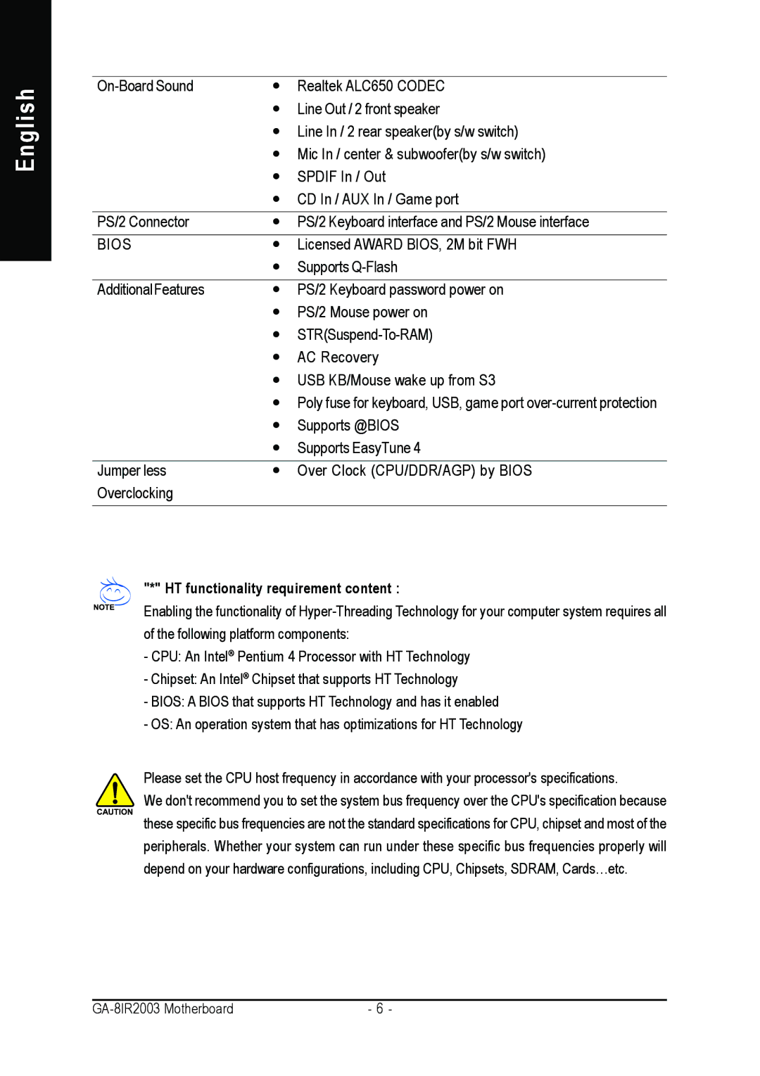 Gigabyte GA-8IR2003 manual Bios, HT functionality requirement content 