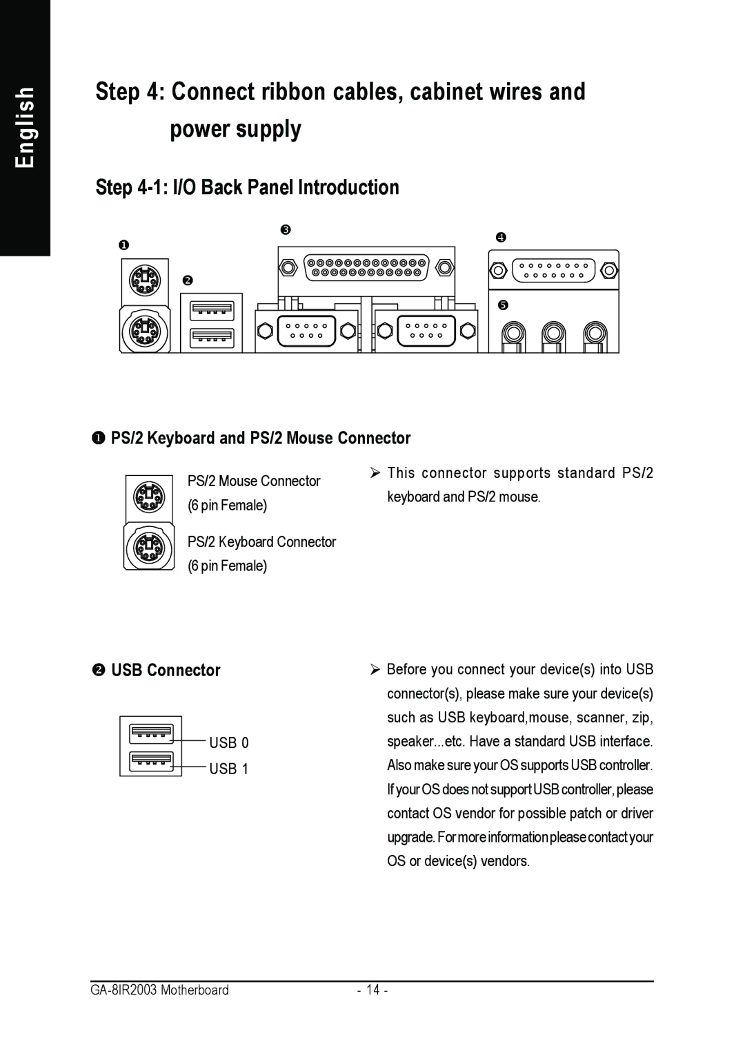Gigabyte GA-8IR2003 Connect ribbon cables, cabinet wires and power supply, PS/2 Keyboard and PS/2 Mouse Connector, Usb 