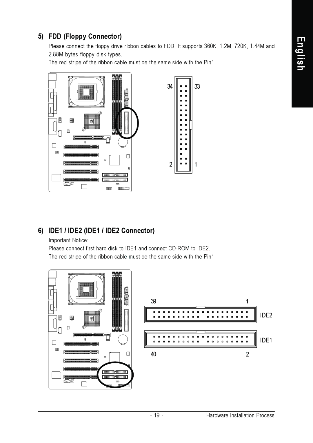 Gigabyte GA-8IR2003 manual FDD Floppy Connector, IDE1 / IDE2 IDE1 / IDE2 Connector 