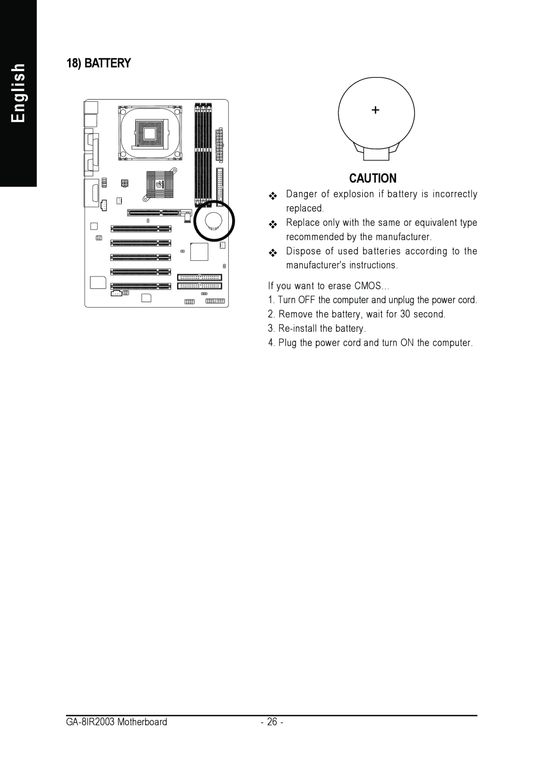 Gigabyte GA-8IR2003 manual Battery 