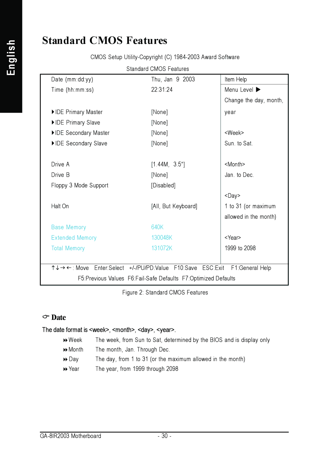 Gigabyte GA-8IR2003 manual Standard Cmos Features, Date 