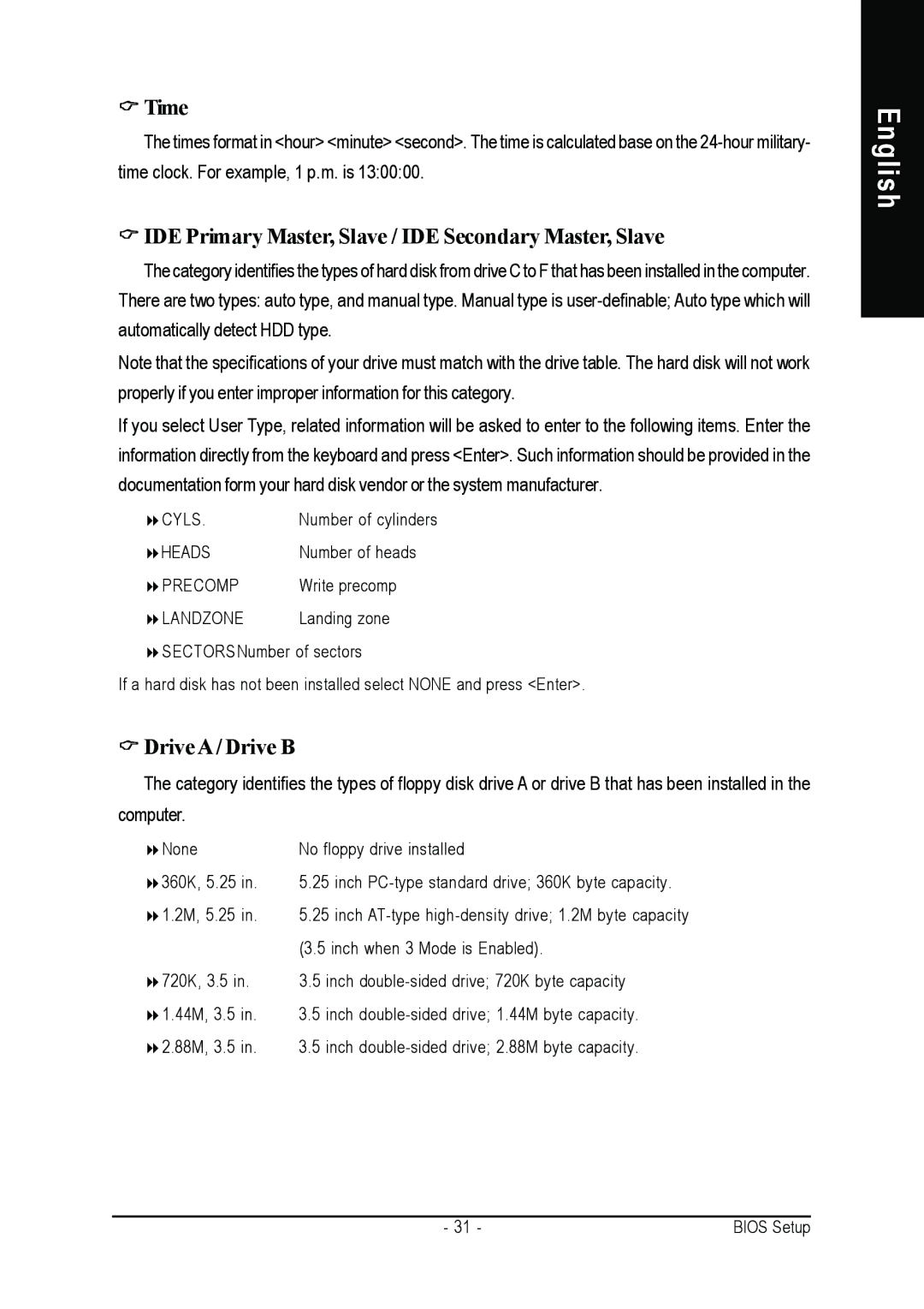 Gigabyte GA-8IR2003 manual Time, IDE Primary Master, Slave / IDE Secondary Master, Slave, Drive a / Drive B 