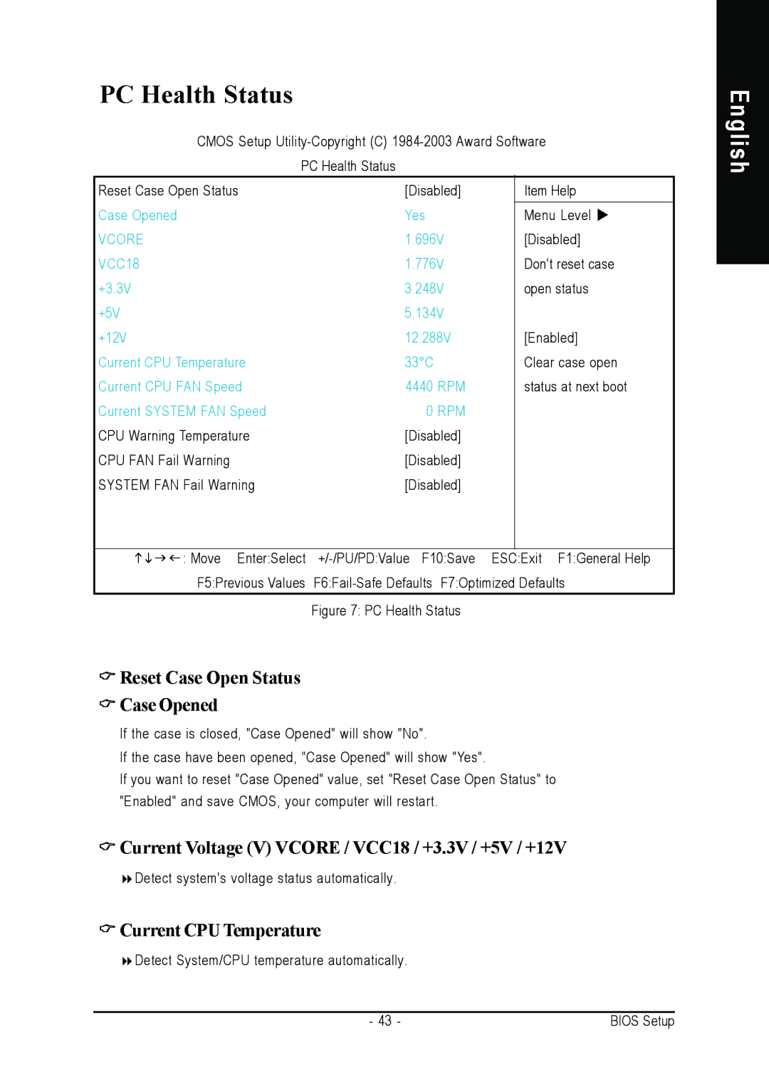 Gigabyte GA-8IR2003 manual PC Health Status, Reset Case Open Status Case Opened, Current CPU Temperature 