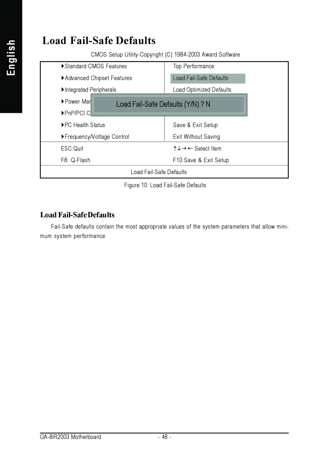 Gigabyte GA-8IR2003 manual Load Fail-Safe Defaults Y/N ? N 