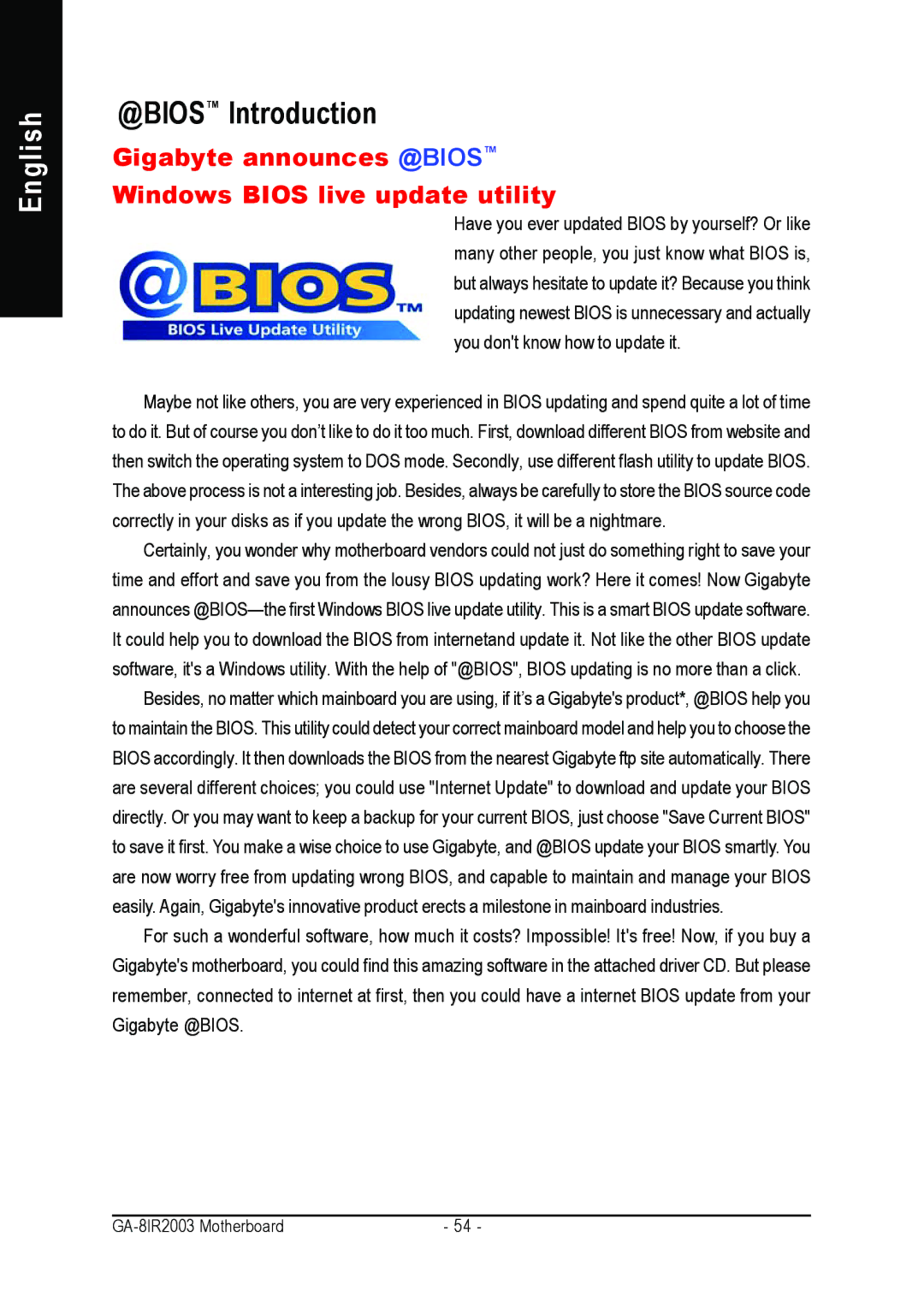 Gigabyte GA-8IR2003 manual @BIOS Introduction, Gigabyte announces @BIOS Windows Bios live update utility 