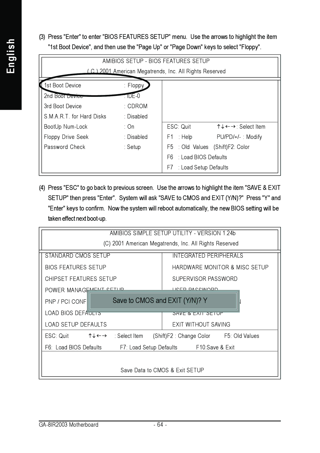 Gigabyte GA-8IR2003 manual Amibios Setup Bios Features Setup, Cdrom 