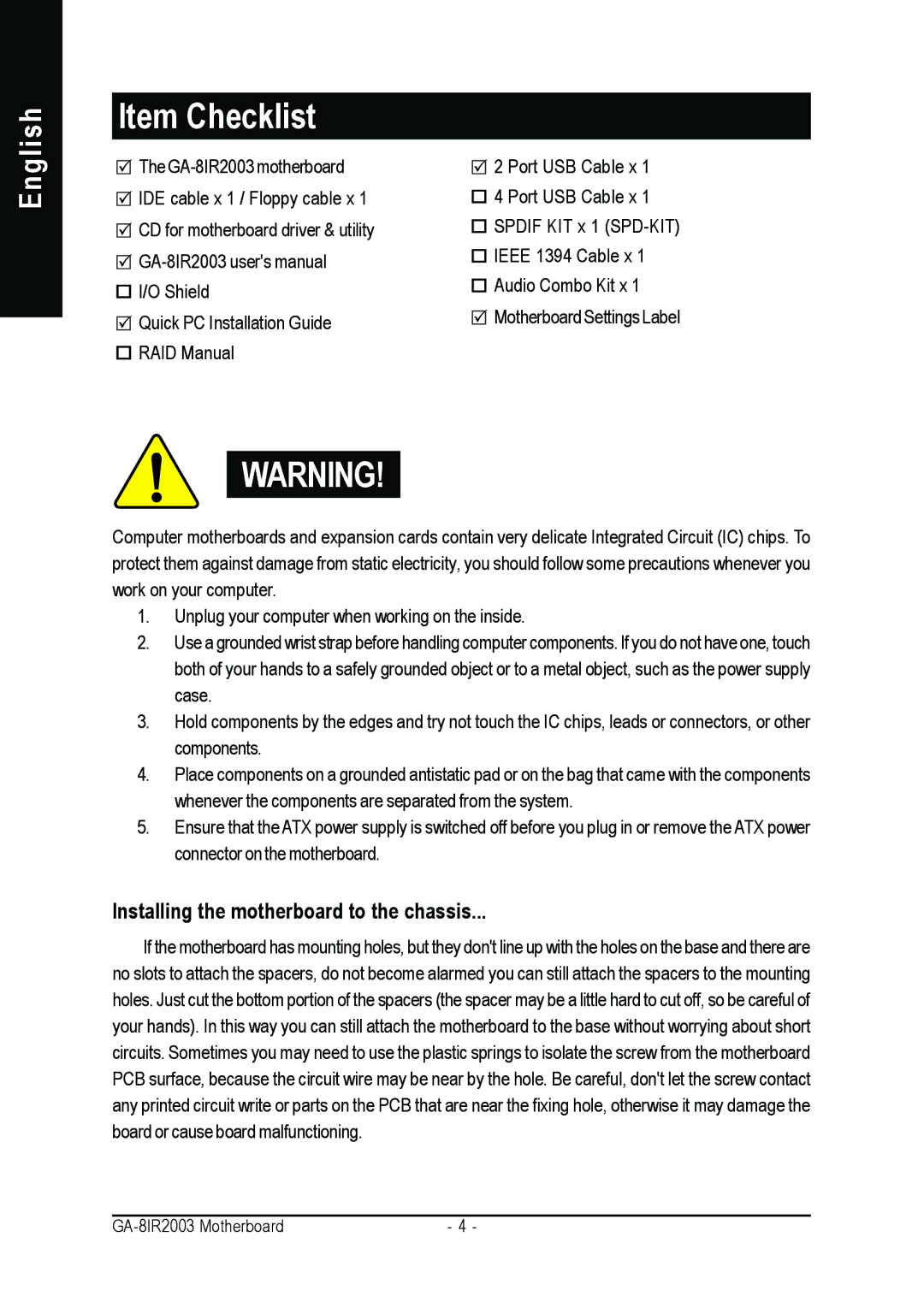 Gigabyte GA-8IR2003 manual Item Checklist, Installing the motherboard to the chassis 