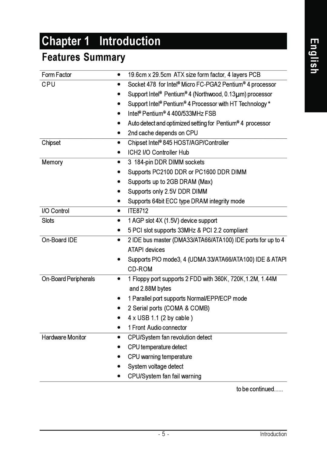 Gigabyte GA-8IR2003 manual Features Summary, Cpu, Cd-Rom 