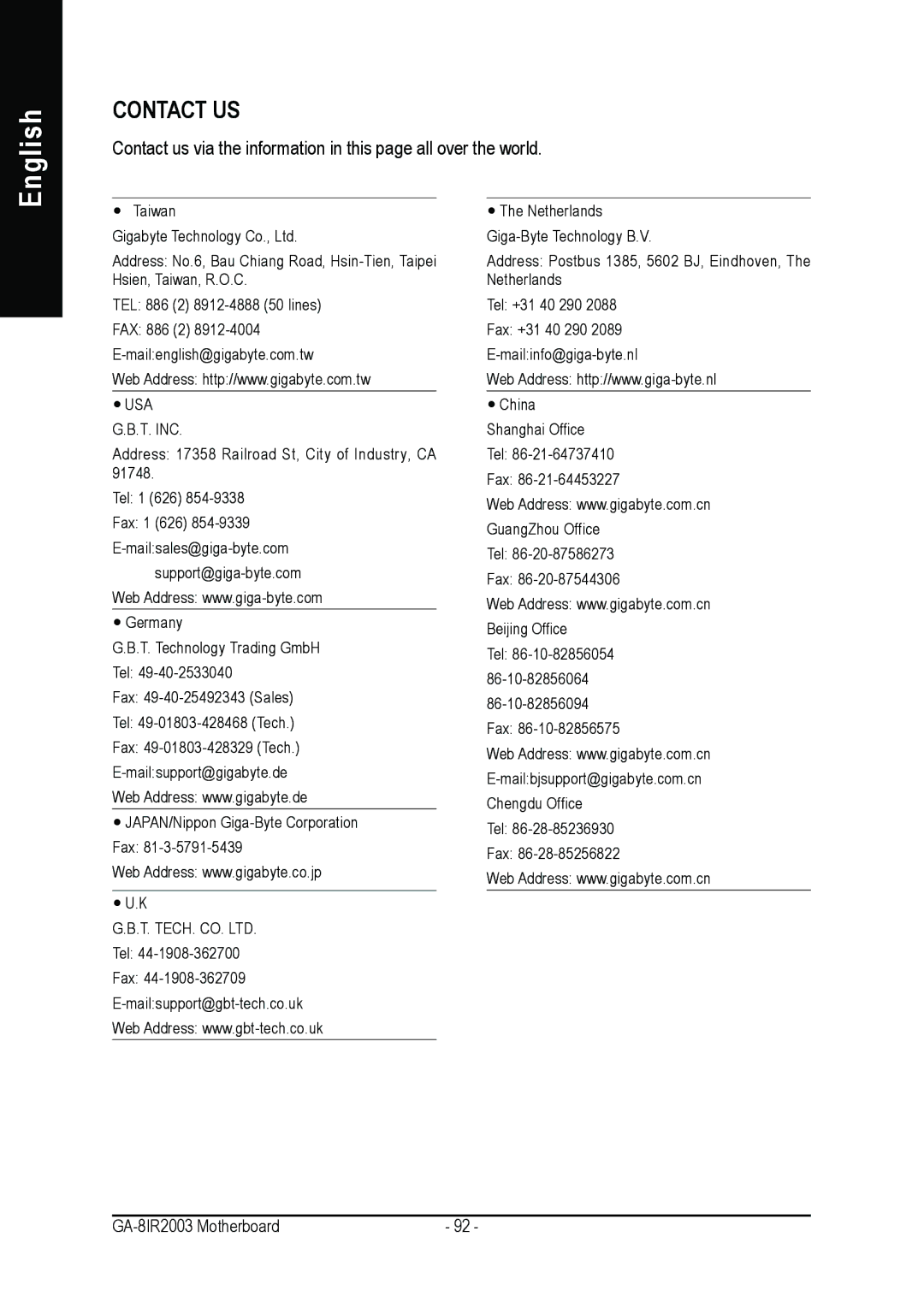Gigabyte GA-8IR2003 manual Contact US 