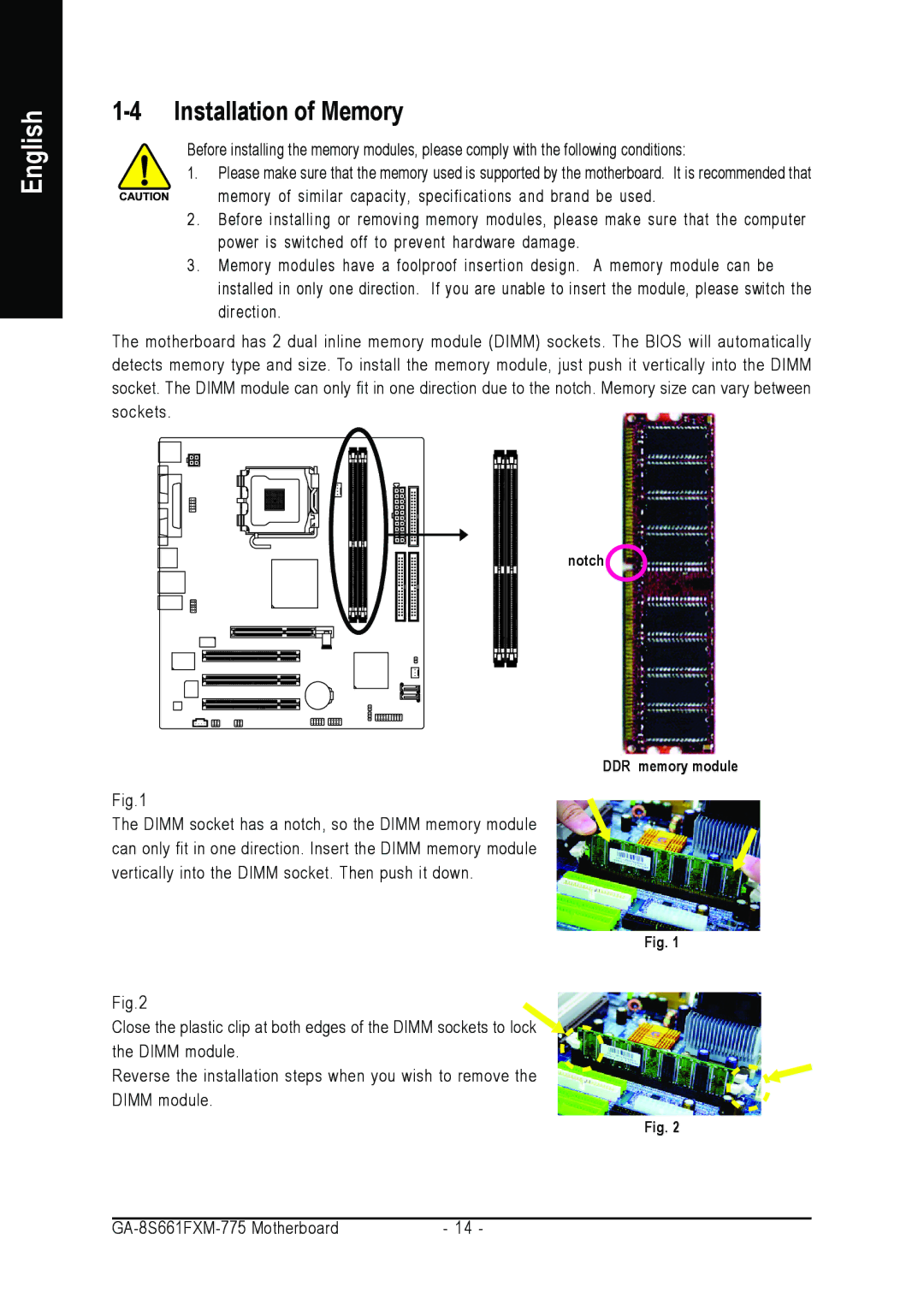 Gigabyte GA-8S661FXM-775 user manual Installation of Memory 