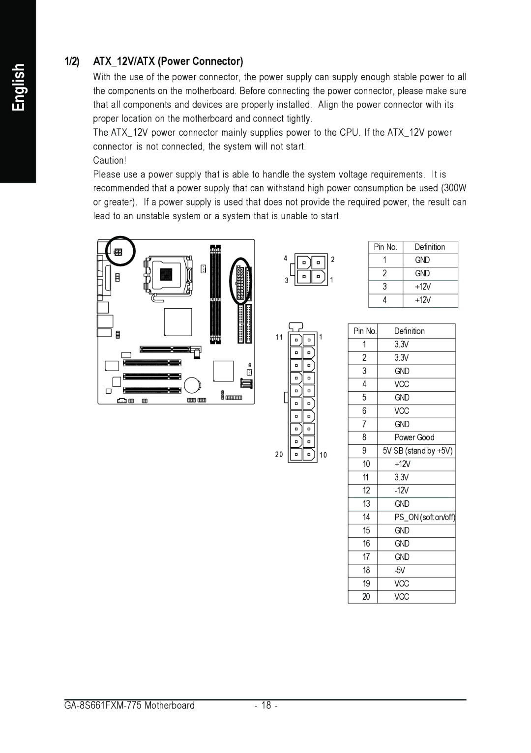 Gigabyte GA-8S661FXM-775 user manual ATX12V/ATX Power Connector 