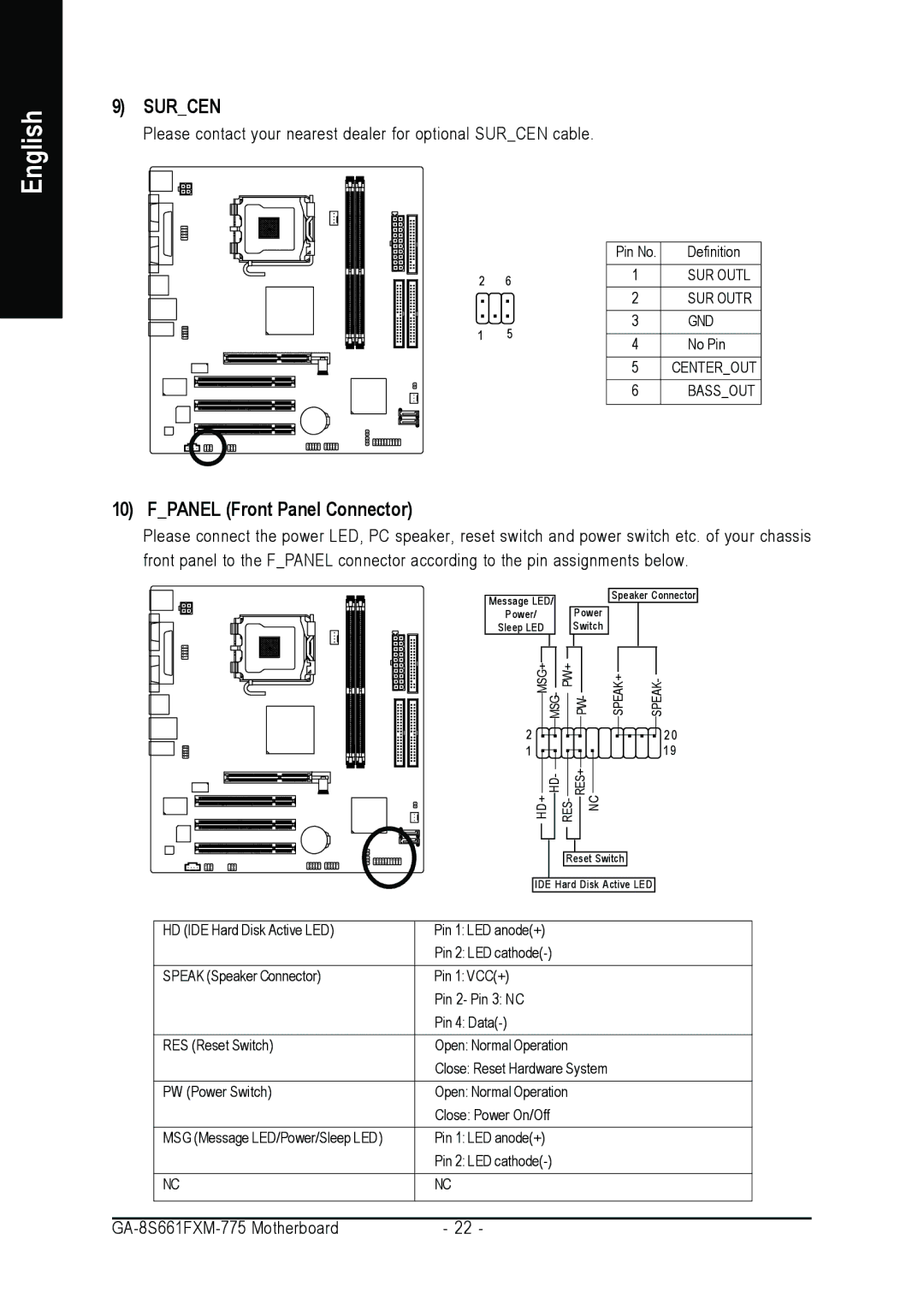 Gigabyte GA-8S661FXM-775 user manual Surcen, Fpanel Front Panel Connector 