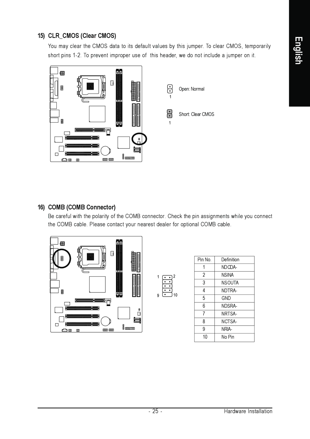 Gigabyte GA-8S661FXM-775 user manual Clrcmos Clear Cmos, Comb Comb Connector 