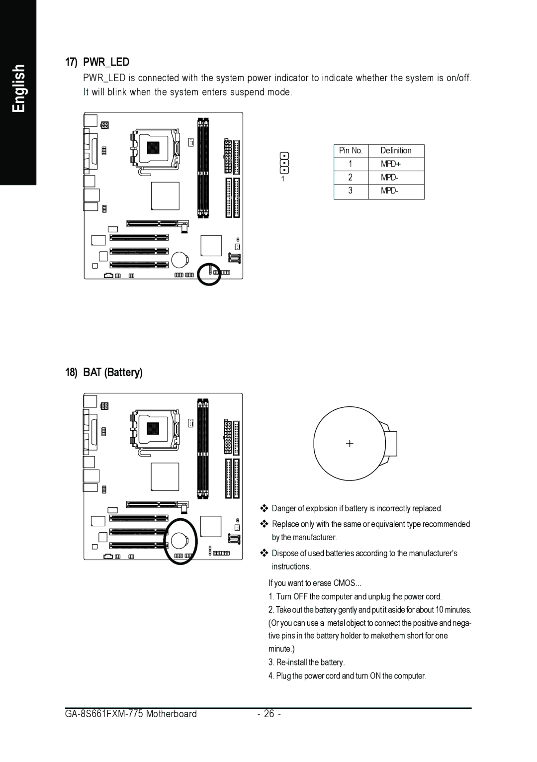 Gigabyte GA-8S661FXM-775 user manual Pwrled, BAT Battery 