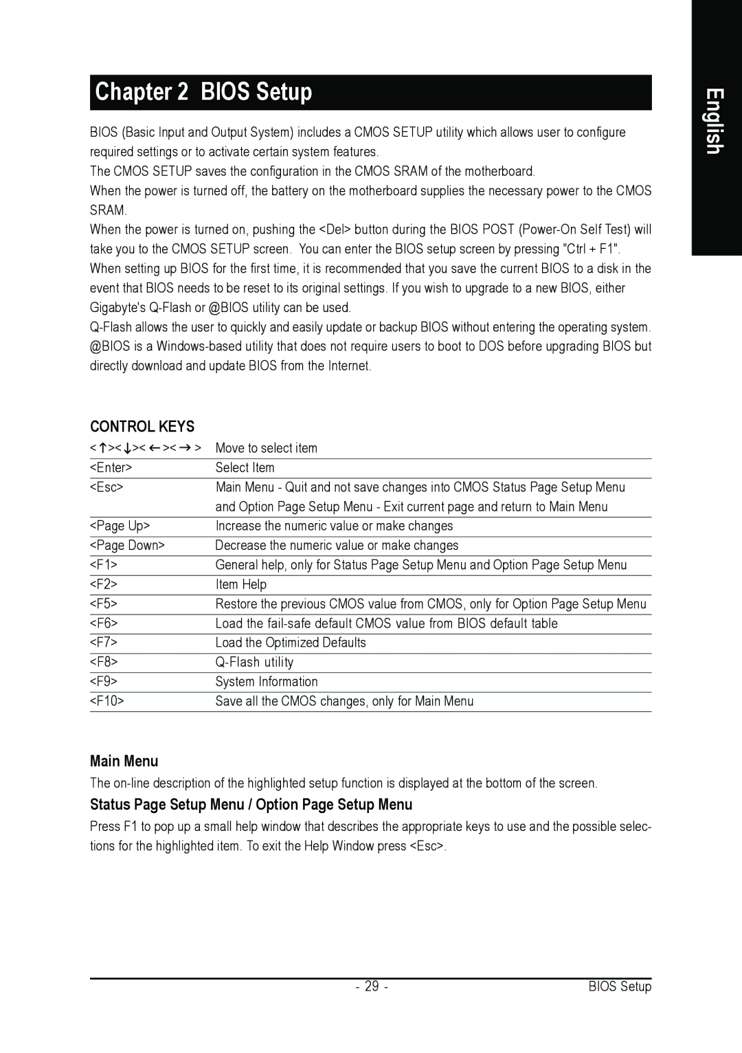 Gigabyte GA-8S661FXM-775 user manual Main Menu, Status Page Setup Menu / Option Page Setup Menu 