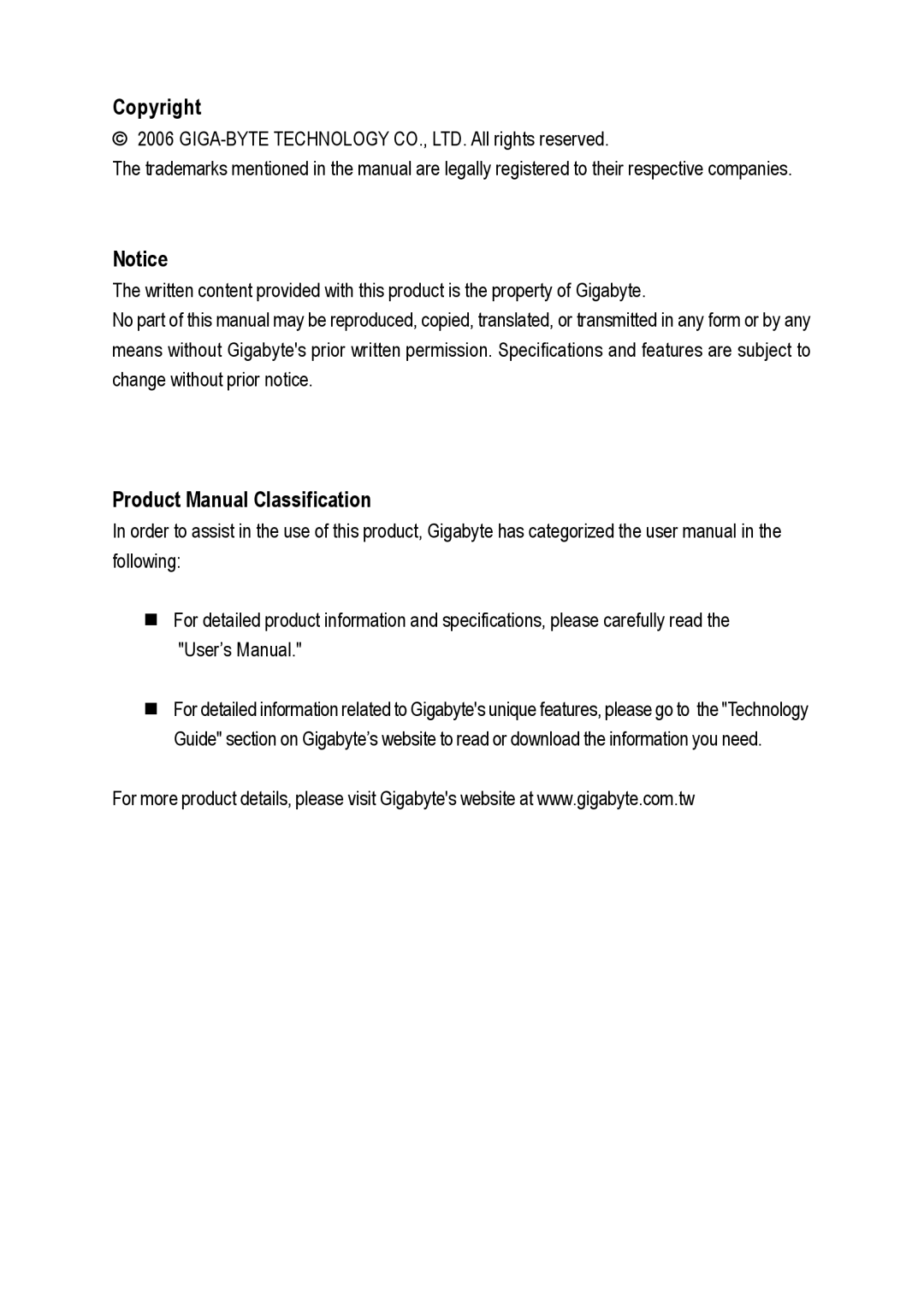 Gigabyte GA-8S661FXM-775 user manual Copyright, Product Manual Classification 