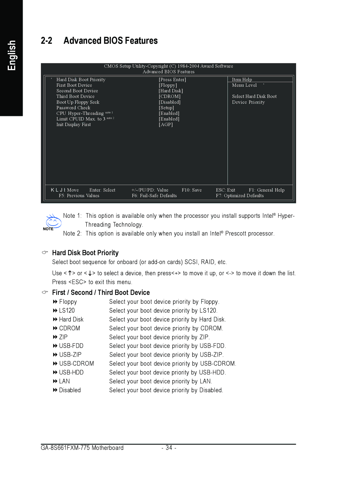 Gigabyte GA-8S661FXM-775 user manual Hard Disk Boot Priority, First / Second / Third Boot Device 