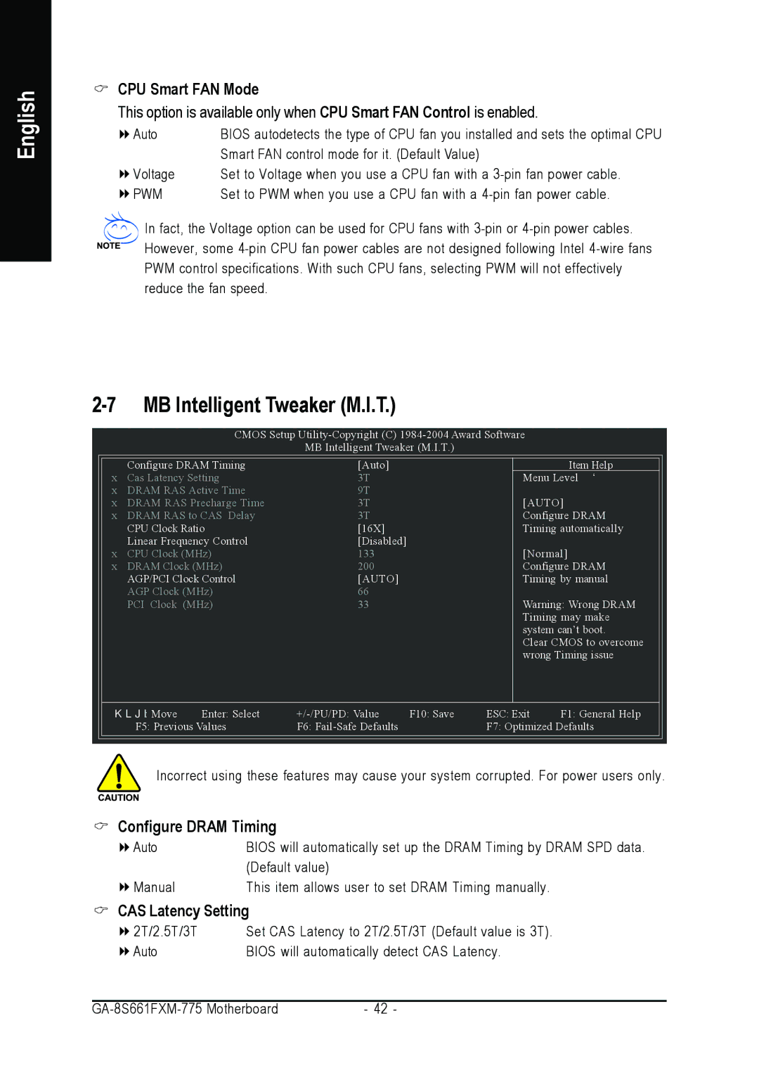 Gigabyte GA-8S661FXM-775 user manual CPU Smart FAN Mode, Configure Dram Timing, CAS Latency Setting 