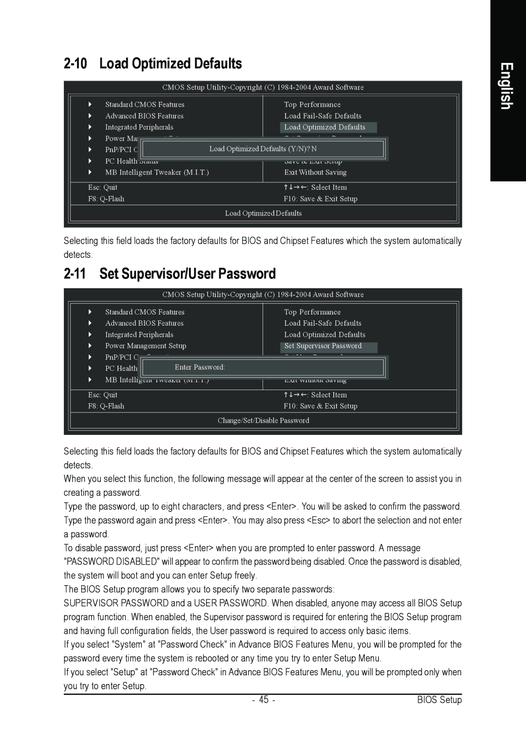 Gigabyte GA-8S661FXM-775 user manual Load Optimized Defaults, Set Supervisor/User Password 