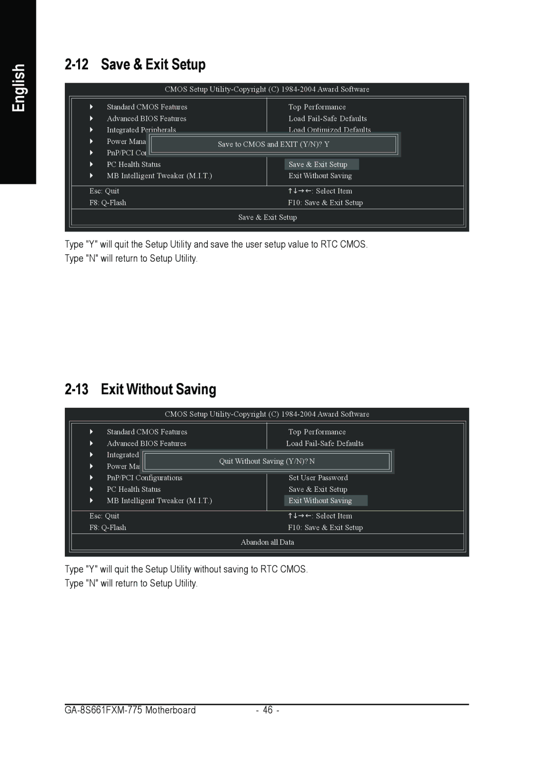 Gigabyte GA-8S661FXM-775 user manual Save & Exit Setup, Exit Without Saving 