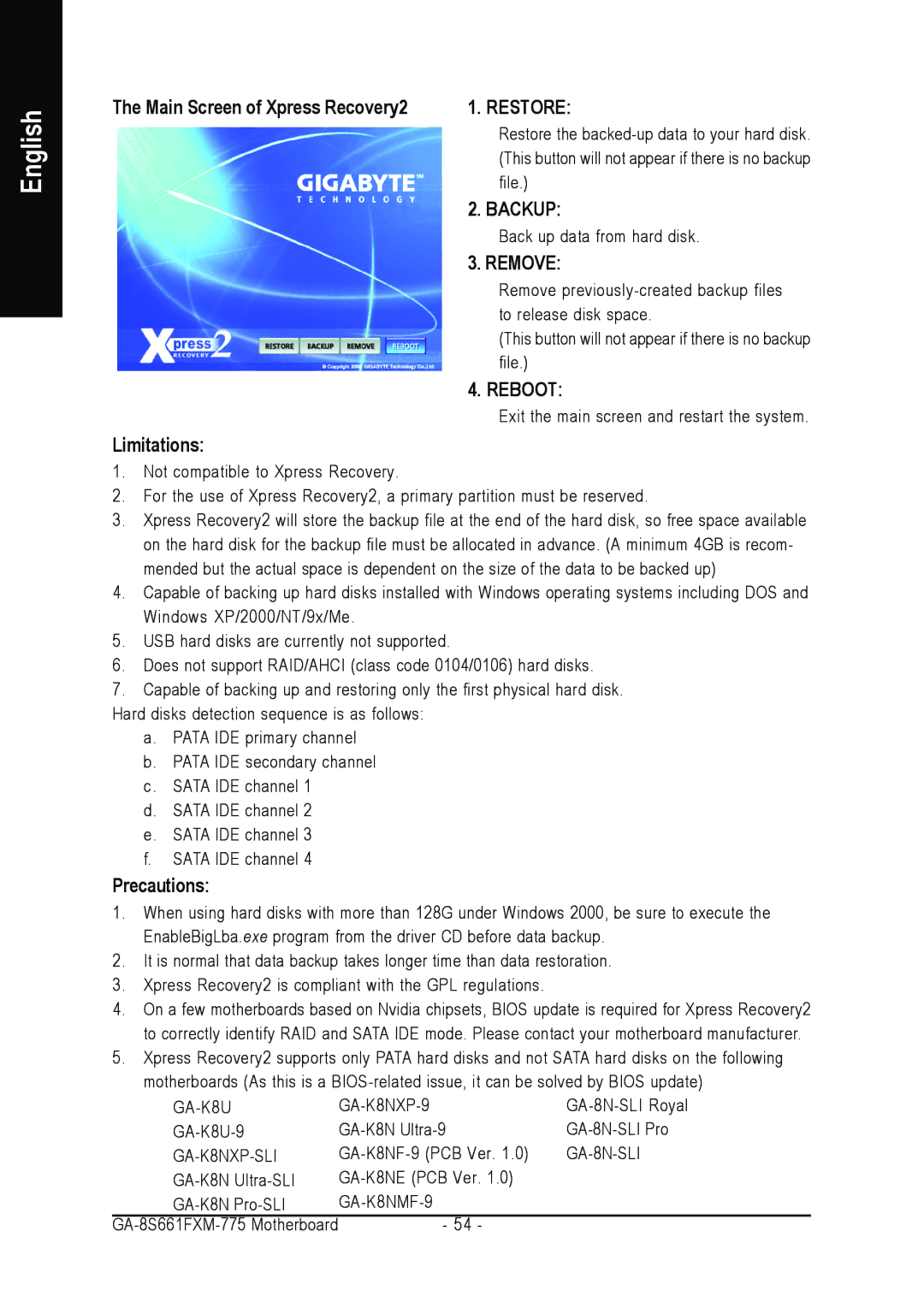 Gigabyte GA-8S661FXM-775 user manual Main Screen of Xpress Recovery2, Limitations, Precautions 