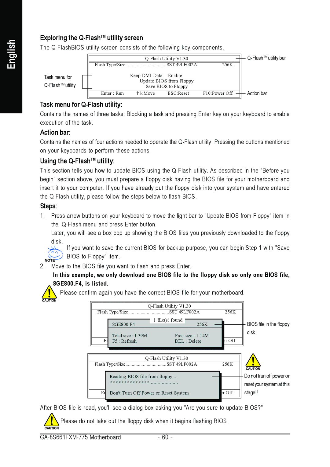 Gigabyte GA-8S661FXM-775 user manual Exploring the Q-FlashTMutility screen, English 