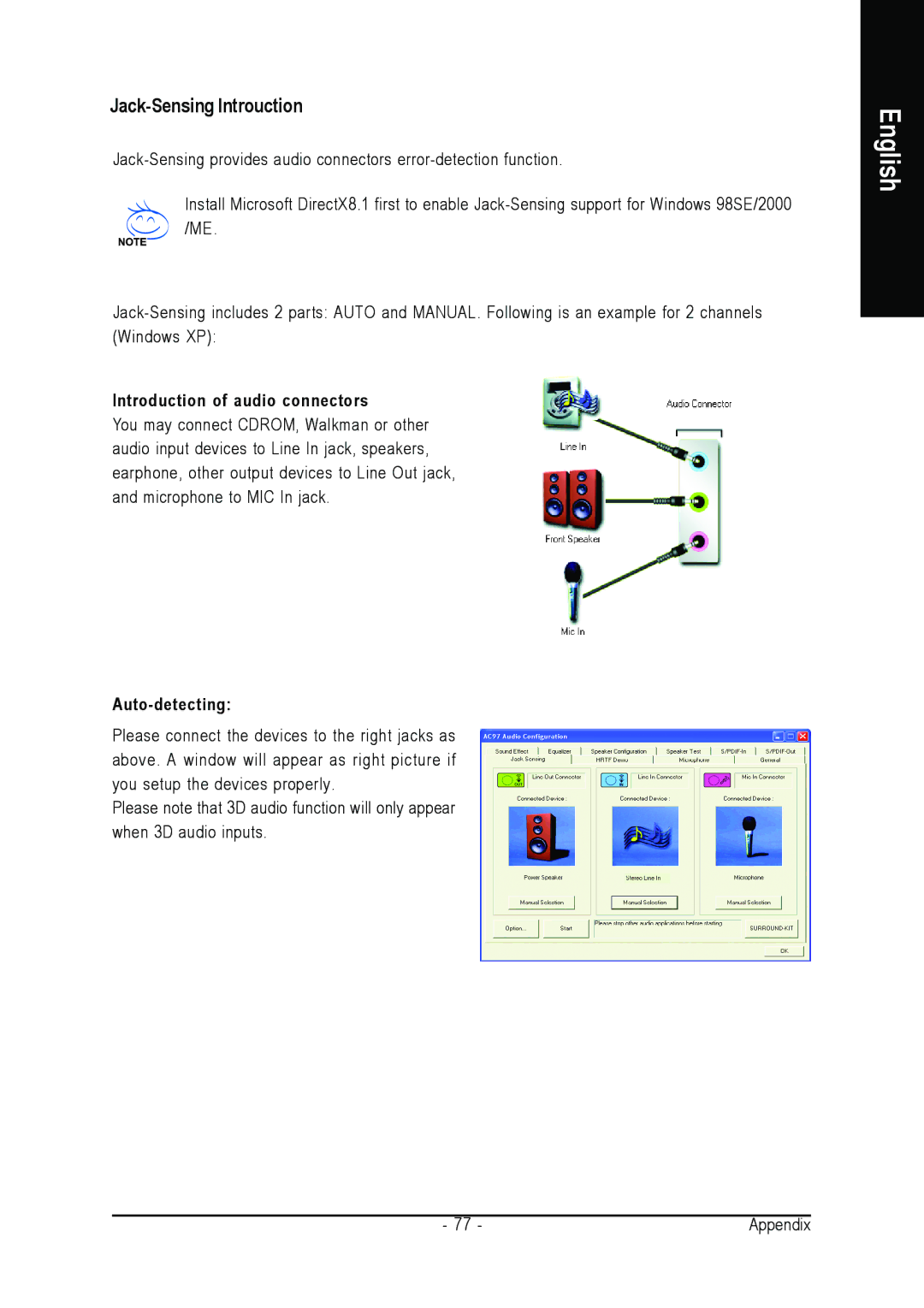 Gigabyte GA-8S661FXM-775 user manual Jack-Sensing Introuction, Introduction of audio connectors 