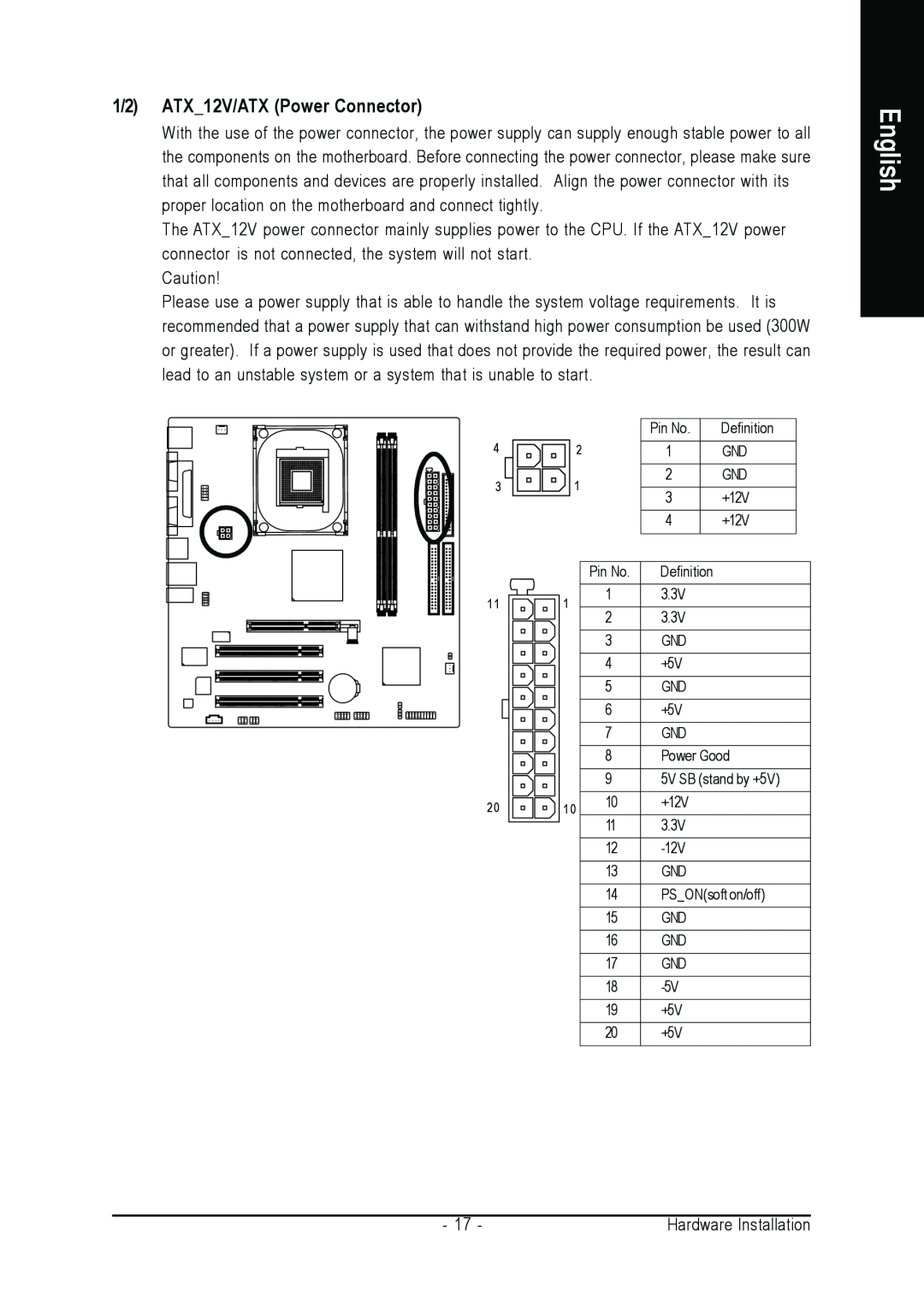 Gigabyte GA-8S661GXMP user manual 1/2 ATX12V/ATX Power Connector, English, Definition, 5V SB stand by +5V 