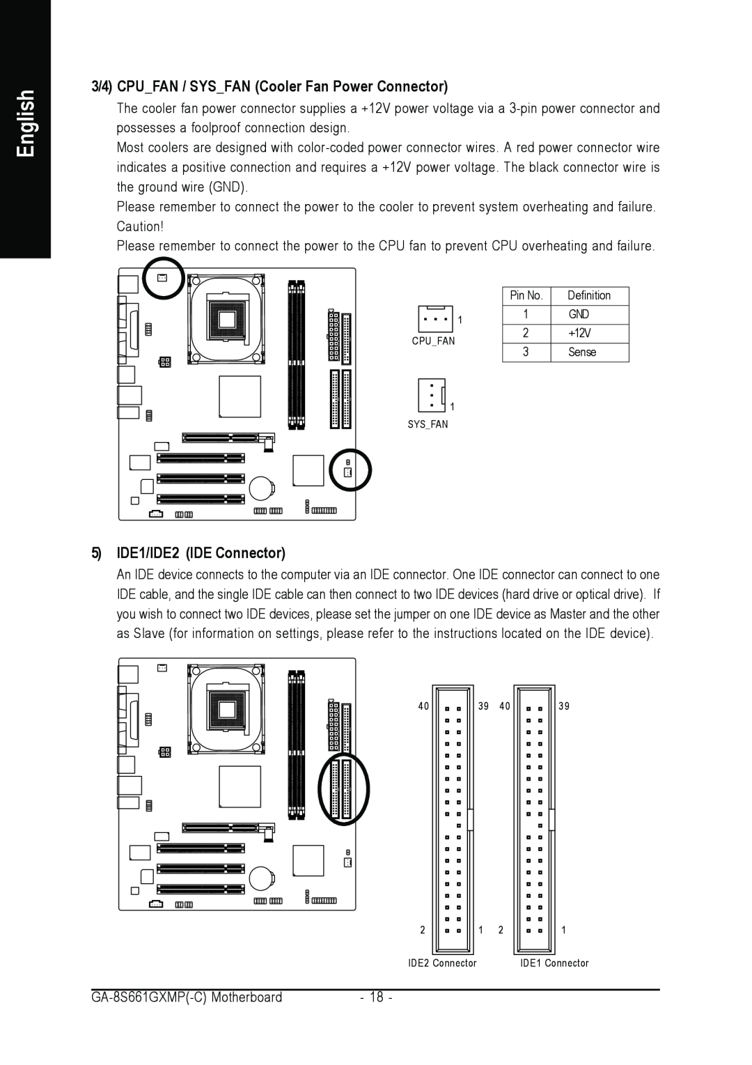 Gigabyte GA-8S661GXMP user manual 3/4 CPUFAN / SYSFAN Cooler Fan Power Connector, 5 IDE1/IDE2 IDE Connector, English 