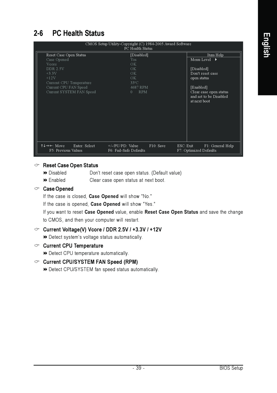Gigabyte GA-8S661GXMP user manual PC Health Status, Case Opened, Current VoltageV Vcore / DDR 2.5V / +3.3V / +12V, English 