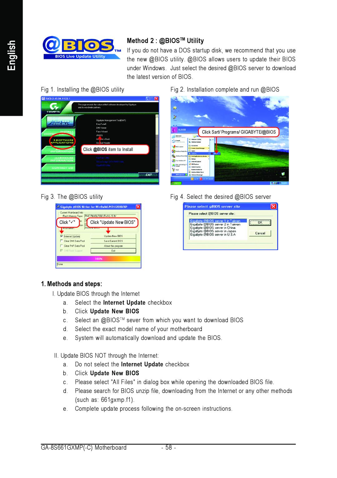 Gigabyte GA-8S661GXMP user manual Method 2 @BIOSTM Utility, Methods and steps, English 